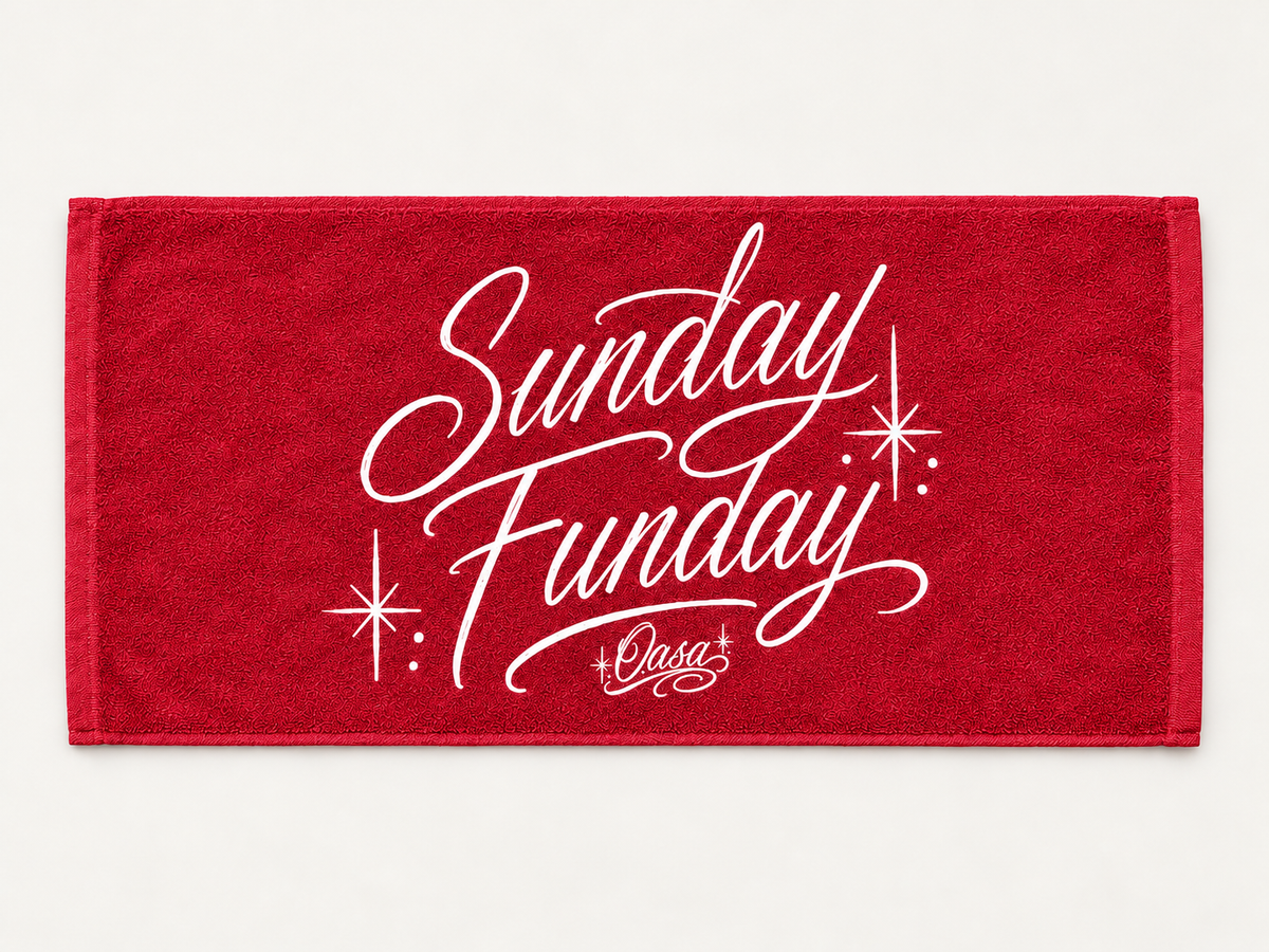 Red Sunday Funday terry cloth towel — studio mockup