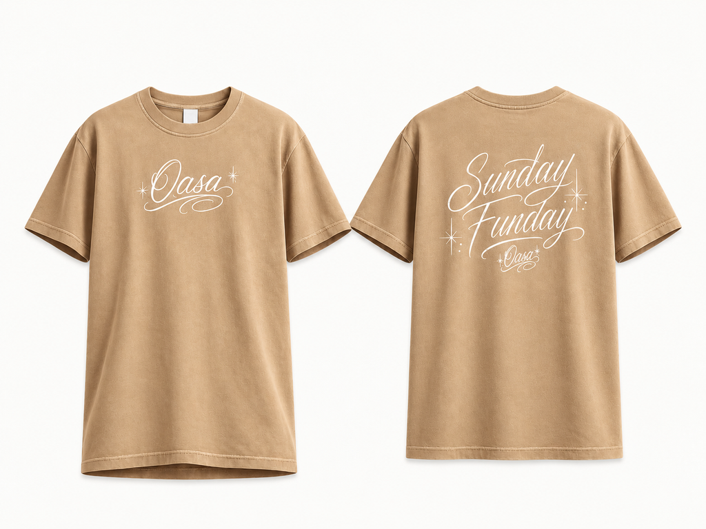 Sand Sunday Funday tee front and back — studio mockup