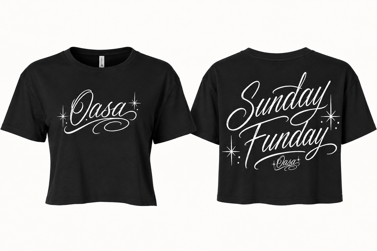 Black Sunday Funday women’s crop tee — studio mockup