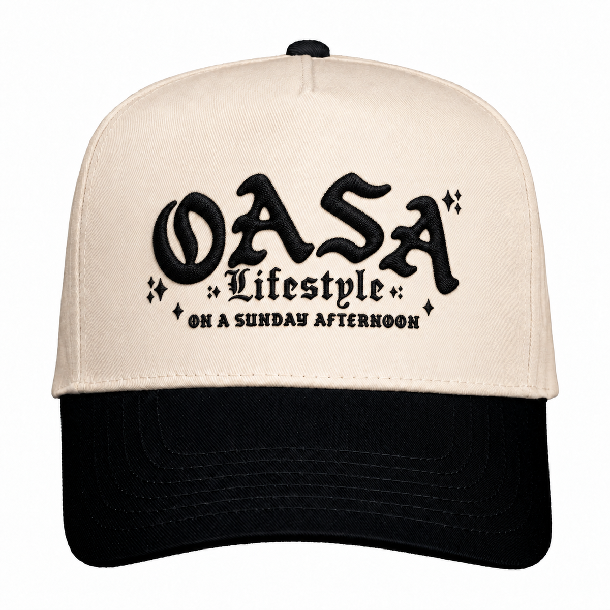 OASA Lifestyle embroidered hat mockup, natural crown with black brim, front view
