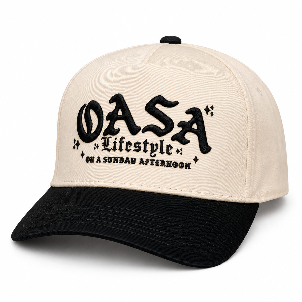 OASA Lifestyle embroidered hat mockup, natural and black, angled studio view